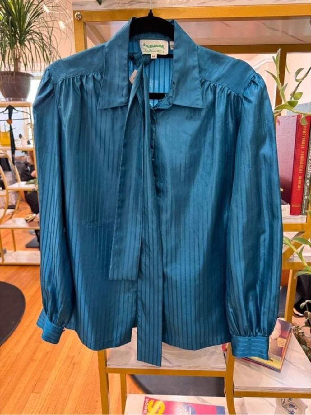 Vintage, Teal Satin Pintuck Tie-Neck Blouse